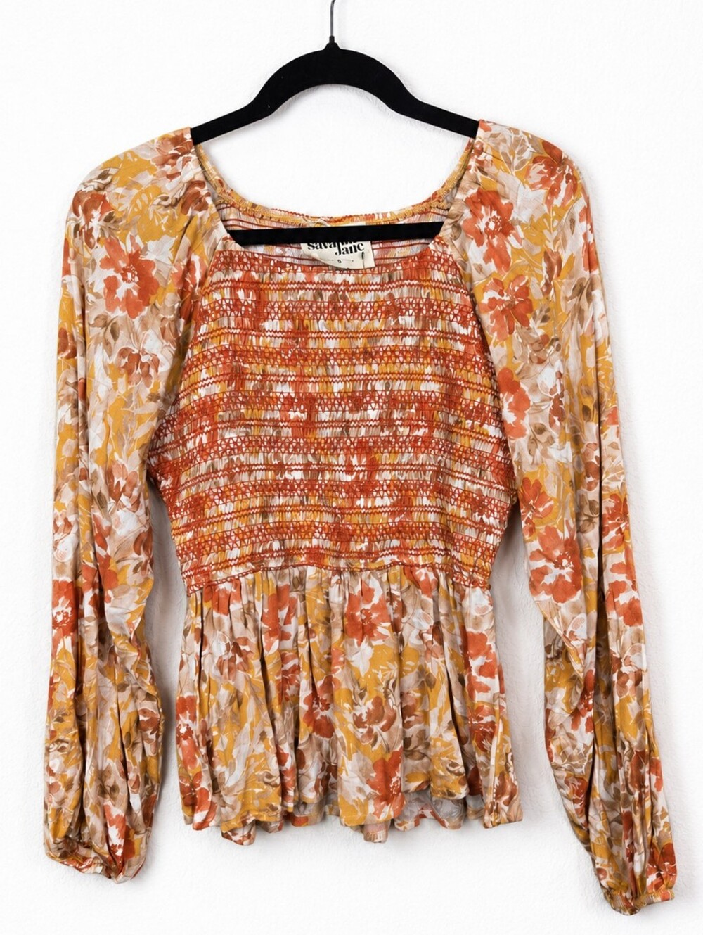 Savanna Jane Floral Smocked Peplum Blouse Boho Cottagecore Balloon Sleeve S
